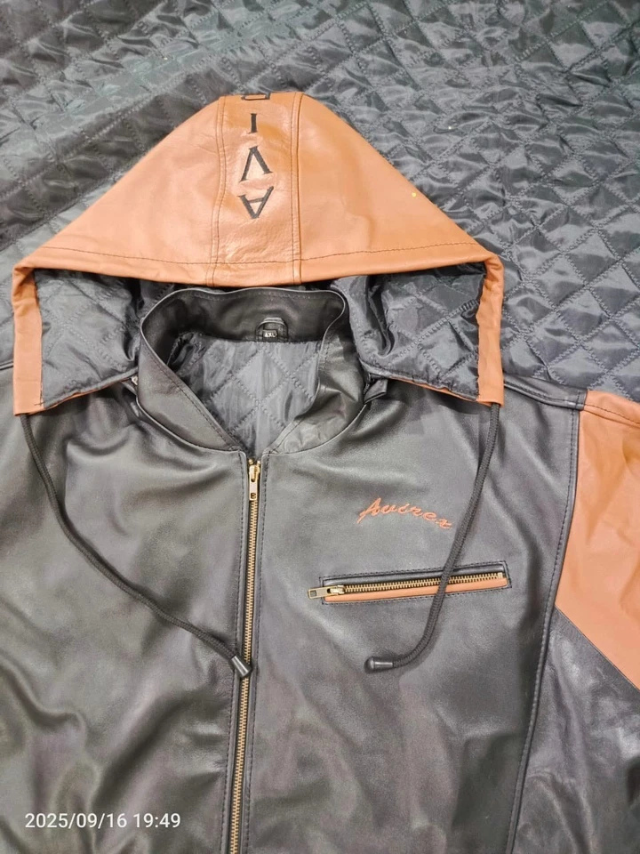 Vintage Avirex  Leather Jacket Millennium Company Hoodie Black Brown Bomber NWT - Image 4 of 4