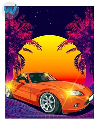 Tropical Sunset Auto Poster Orange Sportwagen Palmen 12X16/16X20/18X24/24X36
