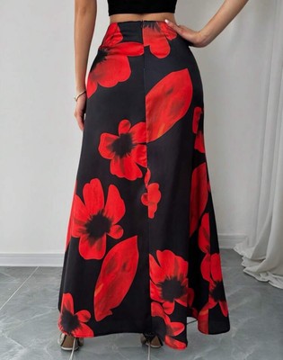 Rafferiza Women's Red Poppy Floral Print Maxi Skirt Size S/8