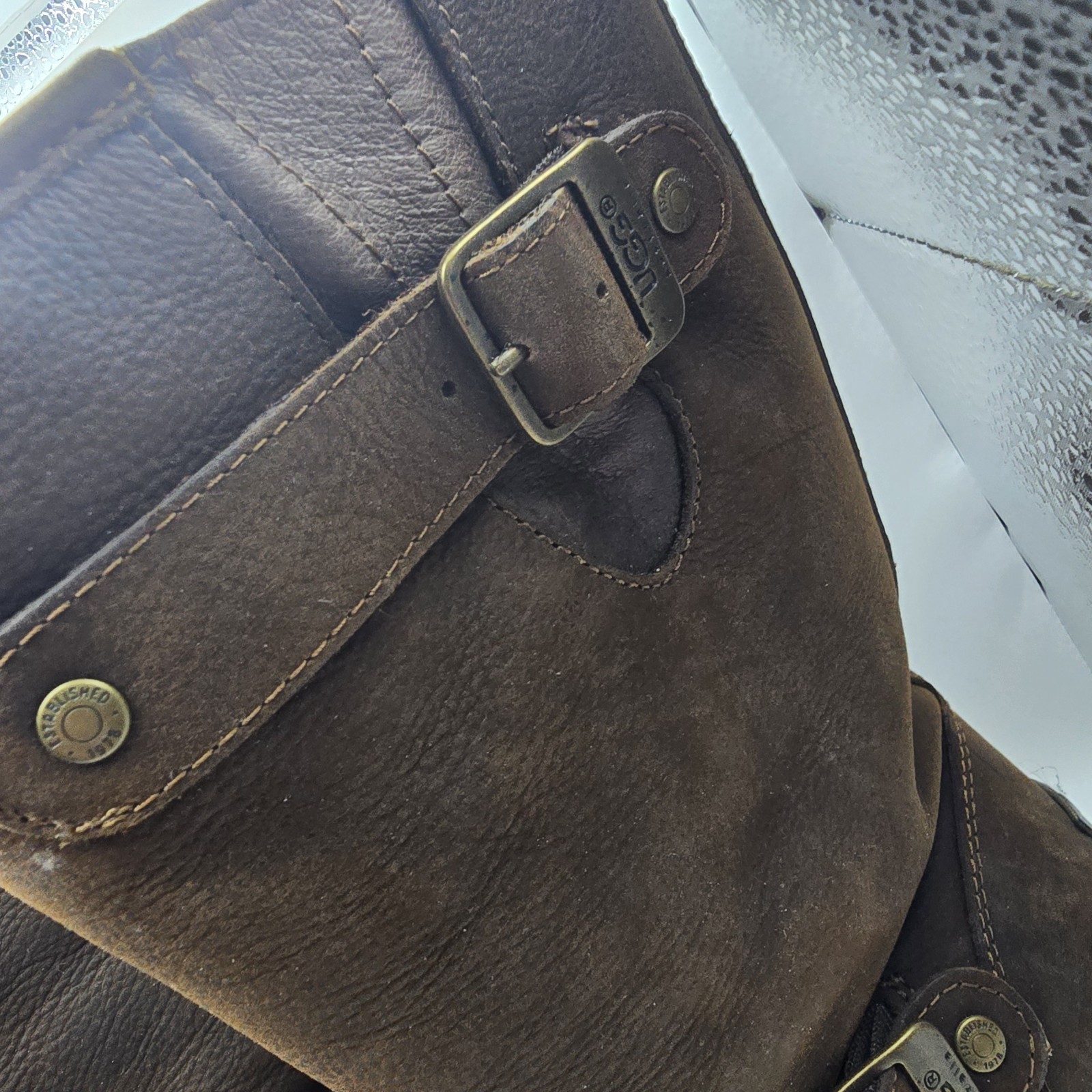 UGG Sutter Boots Women's 8 Brown Leather Shearling Lined Buckle Moto Biker Warm image 5