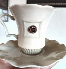 Hand painted Scalloped Teacup/Saucer with the Russ Medallion-Elegant Simplicity