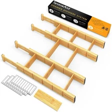 SpaceAid Bamboo Drawer Dividers with Inserts and Labels Adjustable 17" - 22"