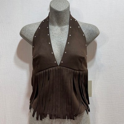 Frankee & Skylarr Halter Top Women Small Brown Studded Fringe Faux Suede Boho