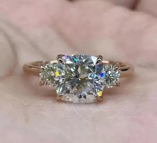 3Ct Cushion Cut Moissanite Three Stone Engagement Ring 14k Yellow Gold Plated