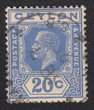 TIMBRE Ceylan 1921-1927 King George V 20c bleu oblitéré
