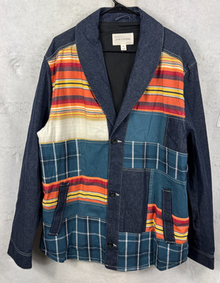 Sun + Stone Patchwork Southwestern Indian Aztec Tribal Denim Jacket Coat Men 2XL