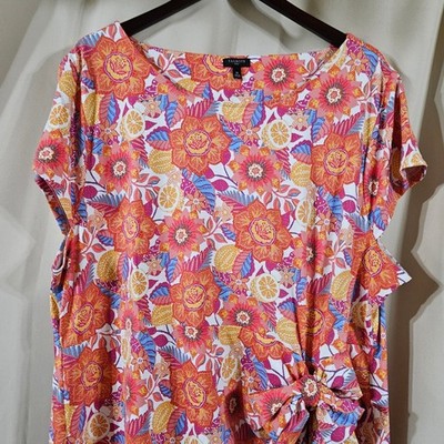 Talbots Plus 3X Floral Citrus Print Side Tie Short Sleeve Knit Dress Orange Pink