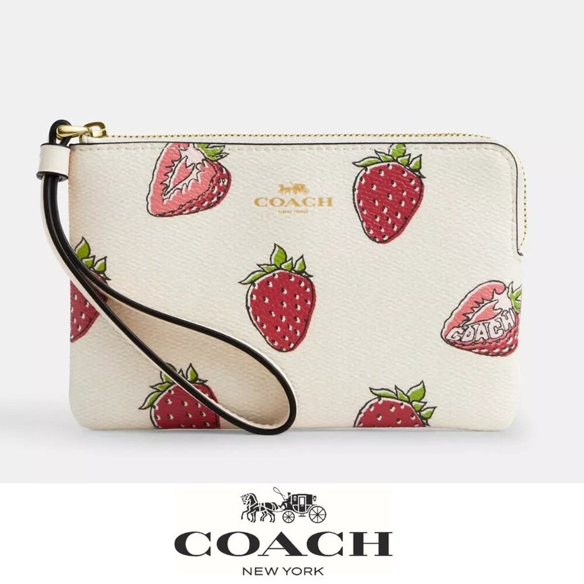 りーこ NWT 🍓Coach Corner Zip Wristlet With Strawberry Print | eBay