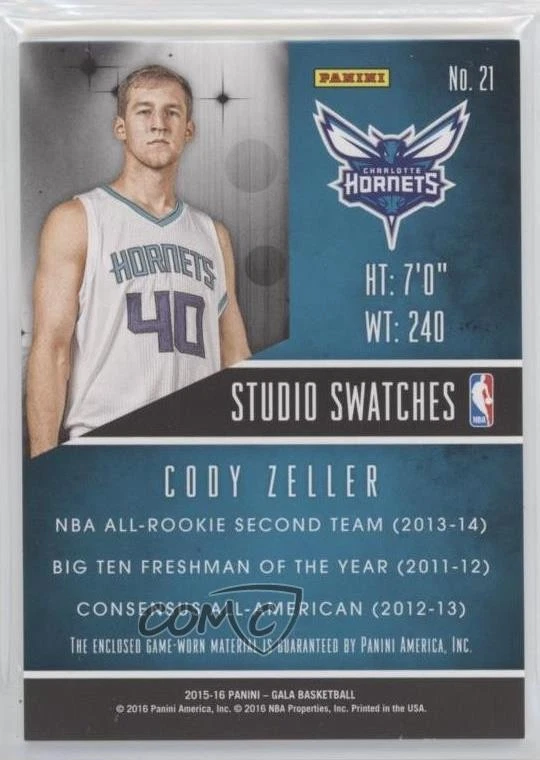 2015-16 Panini Gala Studio Swatches /60 Cody Zeller #21 - Image 2 of 2