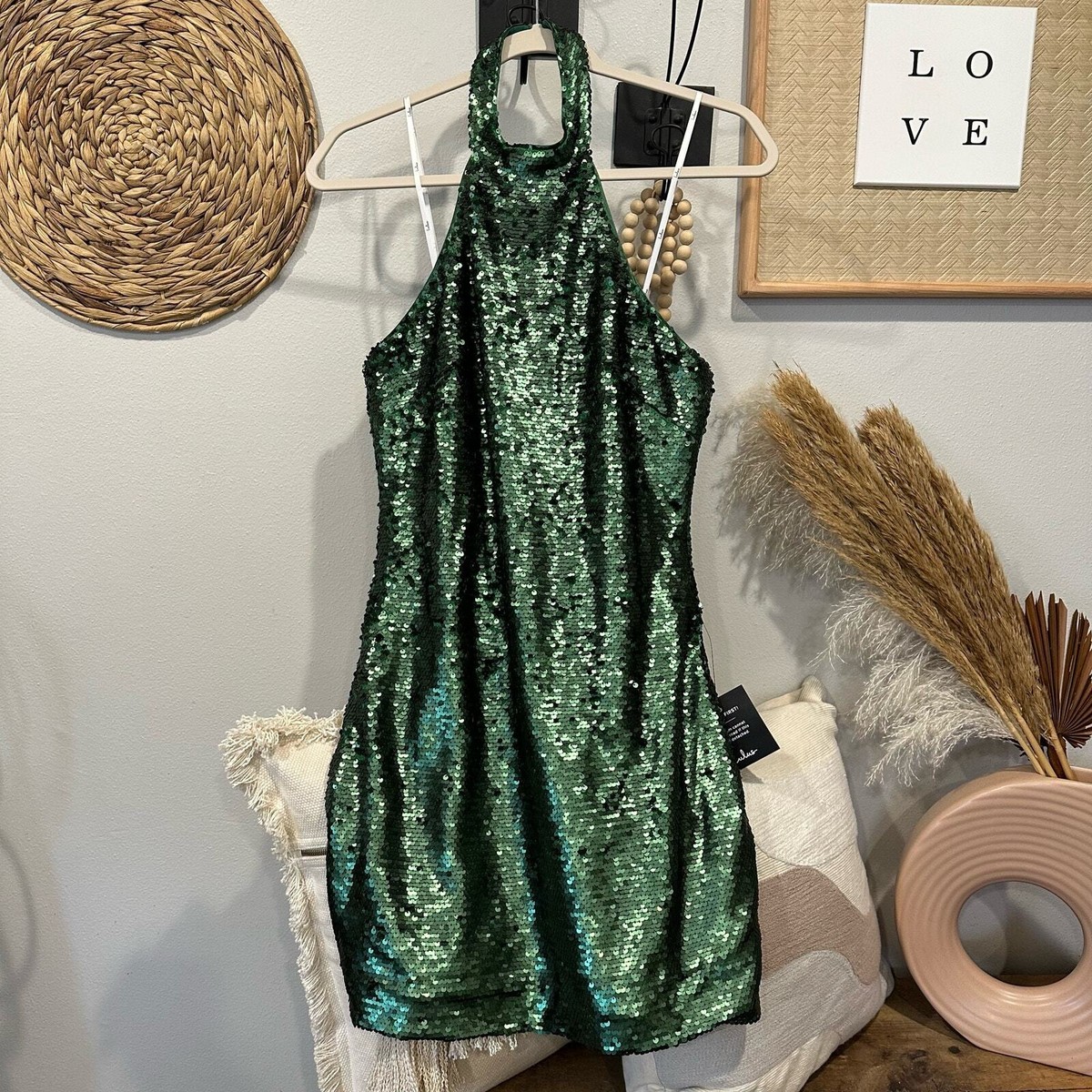 NWT! Lulus Classic Diva Emerald Green Sequin Halter Bodycon Mini Dress - sz  M | eBay