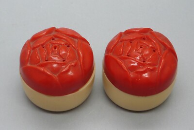 Vintage Set of 1'' Celluloid Red Rose Salt & Pepper Shakers Twist-On Lids