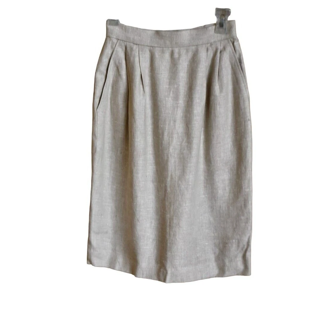 Women's Vintage Lord and Taylor Beige Linen Pencil Skirt W/Pockets S