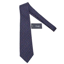 Drake's NWT Neck Tie in Navy Blue with Light Blue & Yellow Print 100% Silk