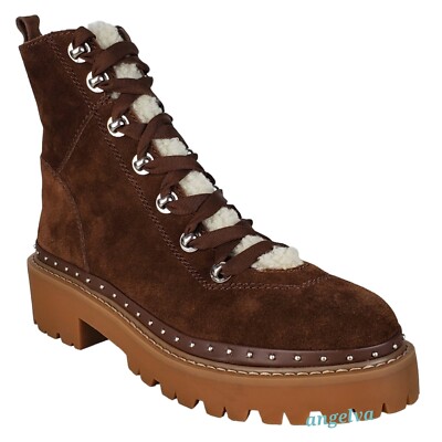 Steve Madden rainier suede faux fur studded block heel combat boots cognac 