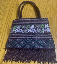 Purple Green Beaded Evening Bag Purse Embroidered Fringe Satin Handles VTG