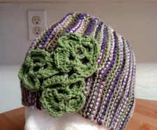 3 Flower Knitted Hand Band Head Warmer Handmade Unisex One Size Purple Green