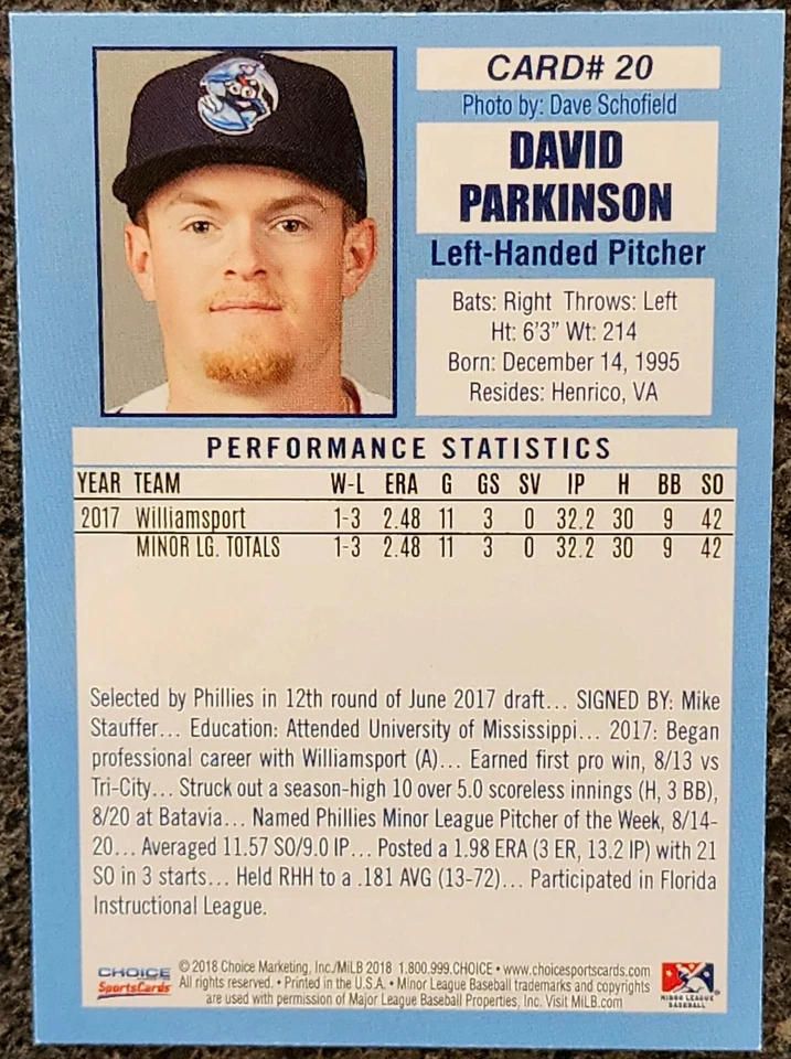 David Parkinson Signed IP 2018 Lakewood BlueClaws Card Philadelphia Phillies! - Image 2 of 2