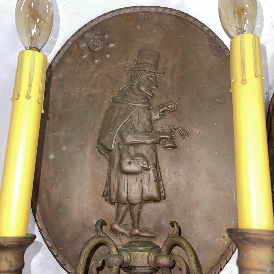 Vintage Pair of Renaissance Revival style copper two-light wall sconces- England - Image 2 of 4