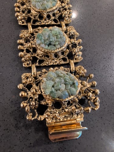 Vintage Heavy Chunky Gold Tone Metal Link Panel Bracelet Pieces Faux Jade Q62 - Afbeelding 2 van 8