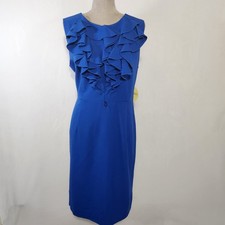 Emma & Michele Women Size 16 Blue Ruffle Front Sleeveless Zip Back Sheath Dress