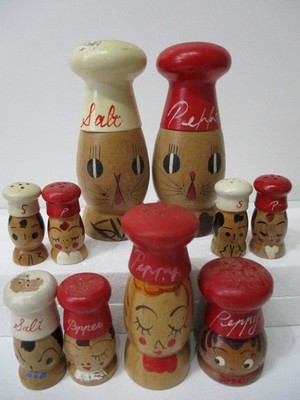 Vintage Wooden Salty & Peppy Shakers~ Lot 4 Sets plus 2 extra ~ Japan ~ Cute!