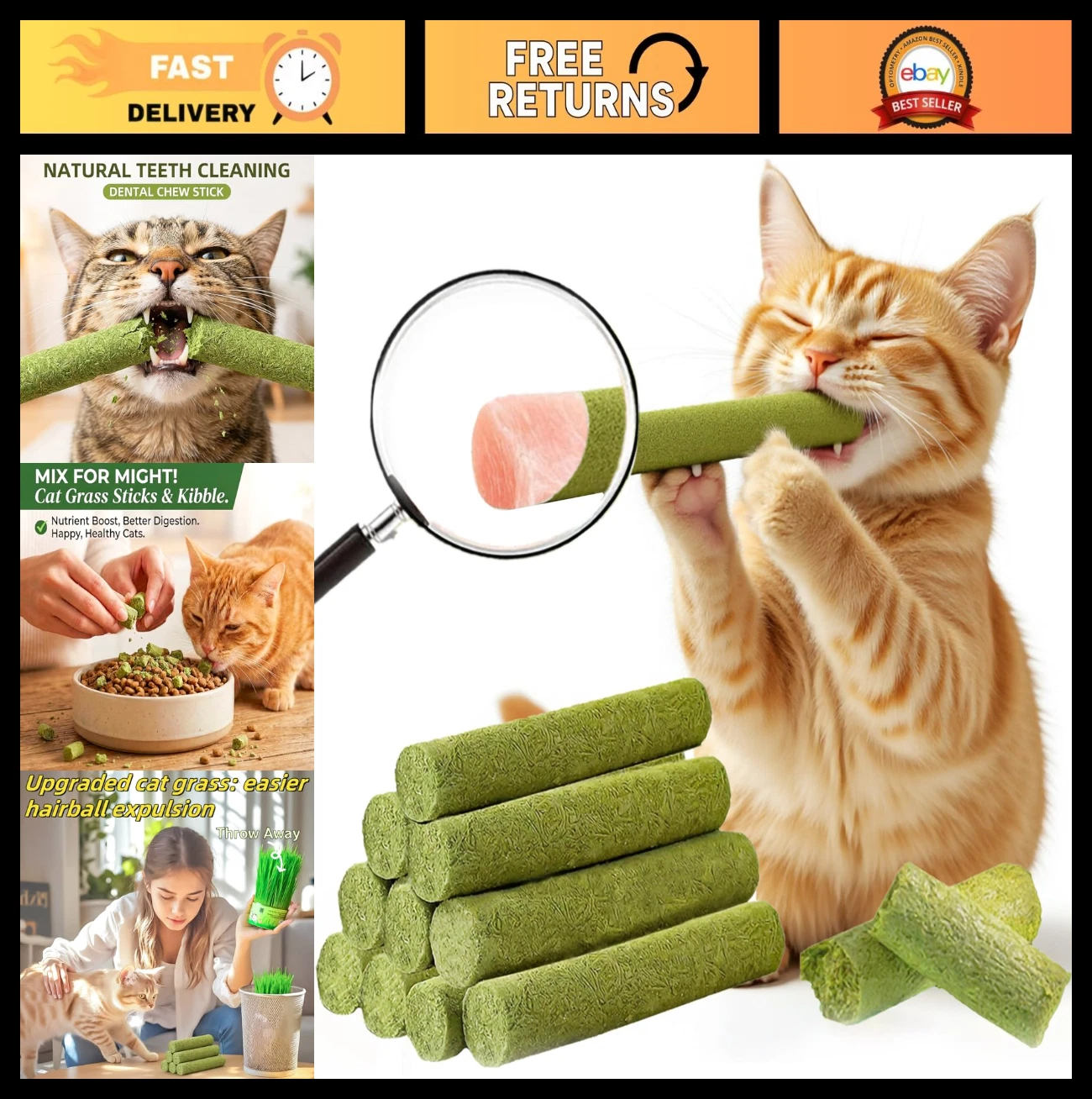 250g Cat Grass Teething Stick for Kittens - Catnip Chew Toy, Hairball & Digestio