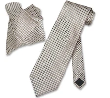 Antonio Ricci NeckTie Handkerchief Light Brown Cream Squares Mens Neck Tie Set