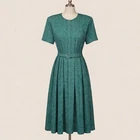 Vintage 90s Leslie Fay Polka Dot Pleated Belted Midi Dress Green XL Classic
