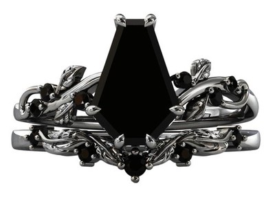 Black Onyx Leaf Ring Set For Women Engagement Rings Coffin Black Wedding Set