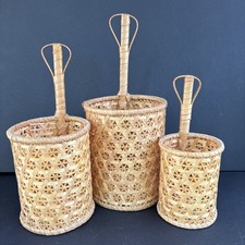 Vintage Rattan Woven Bamboo Baskets Primitive Wood Vase MCM Boho Rustic Decor