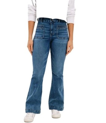 American Eagle Super High Rise Flare Jeans Womens 8 Long Next Level Stretch Blue