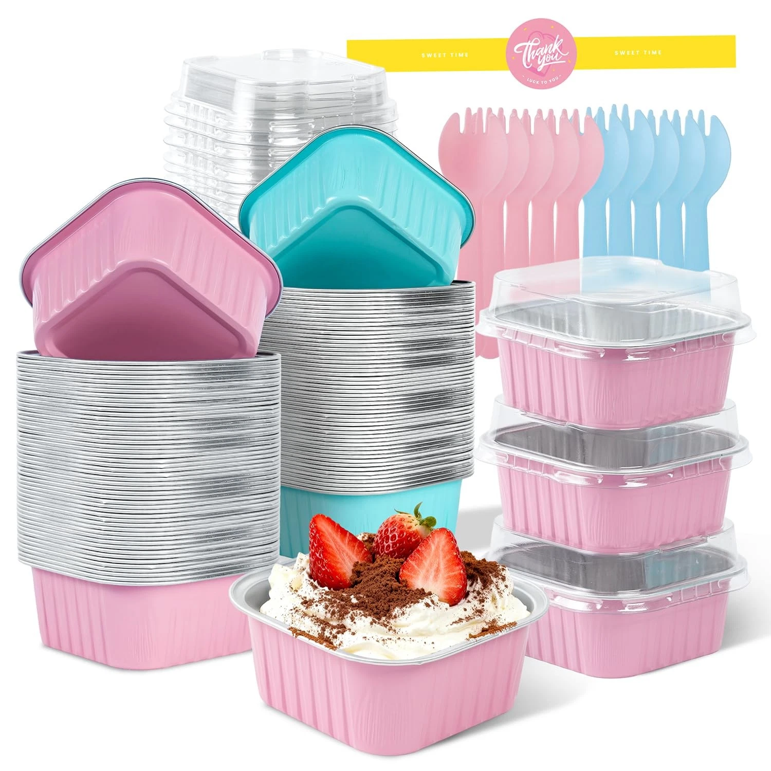 100 Pack Mini Cake Pans with Lids, Square Aluminum Baking Pan with Sealing St...