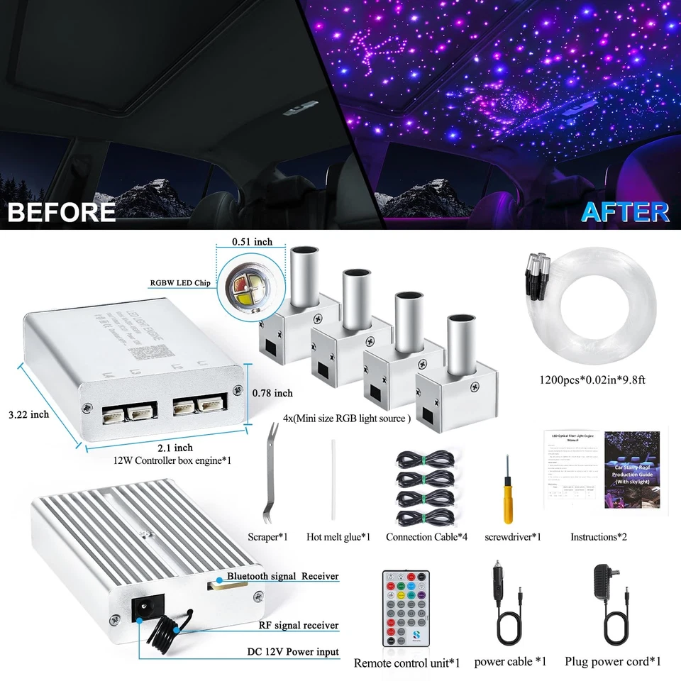 Kit de techo Starlight para automóvil de 4 colores 12 W 1200 piezas * 0,02 pulgadas * 9,8 pies con APP & RF Rem... Foto 3 de 4
