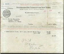 Standard Oil NY Motor Oil Bill 1926 Unionville CT