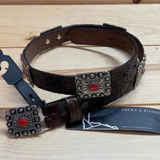 Lucky  Blessed Girl  s Genuine Leather Belt, Brown with Red Conchos