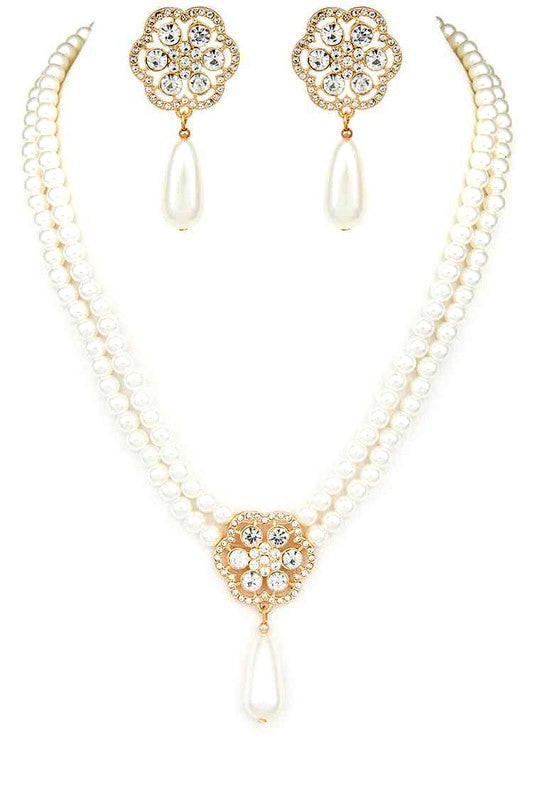 Pearl Teardrop Crystal Pendant Necklace Set