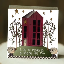 Red Saltbox House with Sheep Wood Block Shelf Sitter BL1184