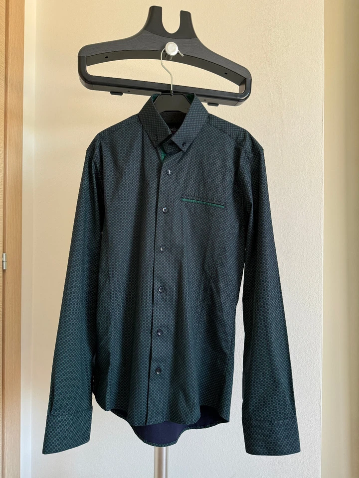 NUOVO MCR Camicia SHIRT Slim fantasia Elegante Uomo verde scuro S Cotone Lycra - Immagine 2 di 4