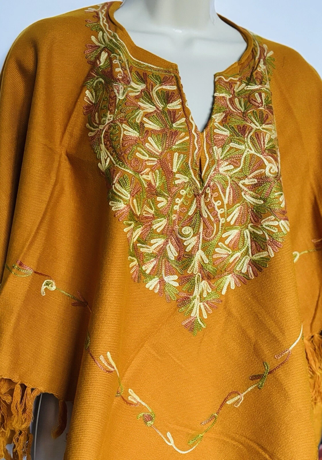 Handmade Embroidered Poncho – Mustard Floral Poncho with Fringe Boho Chic Cape