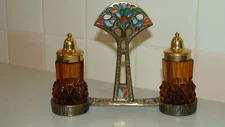 RARE 1970 Terra Sancta Guild Israel Judaica Salt & Pepper Shakers w/Holder/Stand