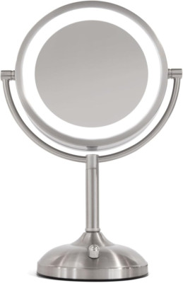 LED Lighted 10X/1X Magnification Tabletop Mirror - Nickel Finish, 8.5'' Diameter