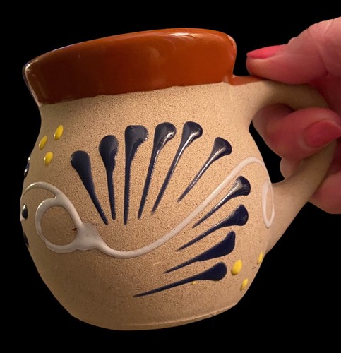 Mexican Clay Coffee Mug Jarrito De Barro Pottery Blue White Yellow Folk Art Mug - Picture 13 of 15