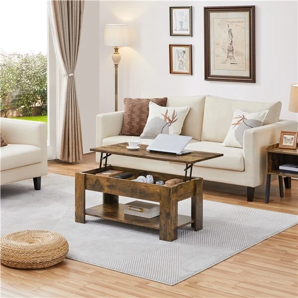 Rustic Wooden Coffee Table with Storage Lift Up Top Coffee Table for Living Room - Image 2 of 4