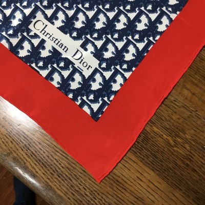 Christian Dior Vintage Silk Scarf Red Navy 76x77cm 90s Trotter 