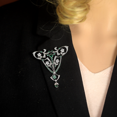 Broche Argentée Style Belle Époque – Motif Dentelle Floral Laurier, Serti De CZ Blanc, Rétro, Neuf Sans Emballage