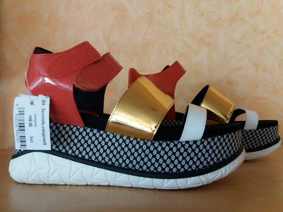 MEGA Alba Moda Keil Sandalette NEU Gr. 41 F orange weiss gold Nappa Glanz Leder - Bild 4 von 4