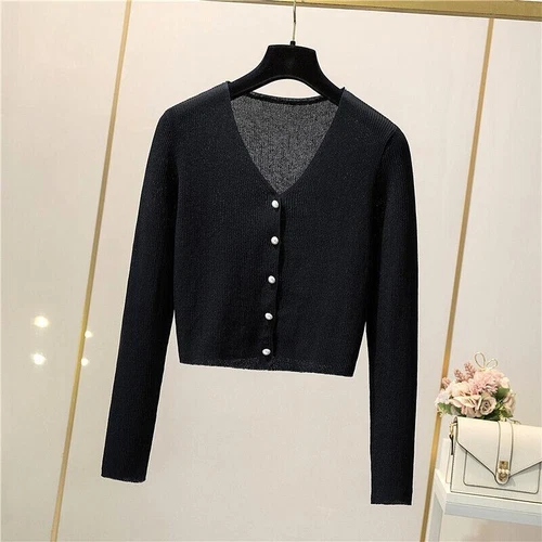 Damen Eis Seide Strick Sommer Shirt V-Ausschnitt Knopf Kurz Pullover Slim Fit Cardigan - Bild 15 von 25