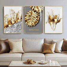 Framed Modern Luxury Gold Wall Art, Set of 3 Piece Contemporary Paintings Art...