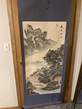 Chinese Artist's hand-painted landscape painting on 27 x 69