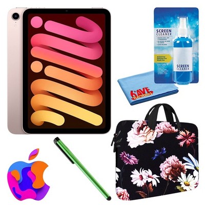 Apple iPad Mini 6 (64GB, Cellular, Pink) Bundle with Black Floral Sleeve